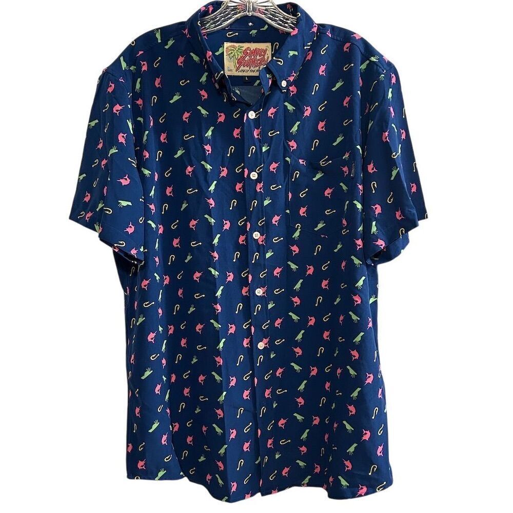 Simply Southern Men's L Navy Fishing Marlin Graphic Print Button-Up‎ Shirt